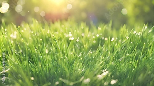 Morning dew on fresh green grass with sunlight. Nature background with copy space. photo