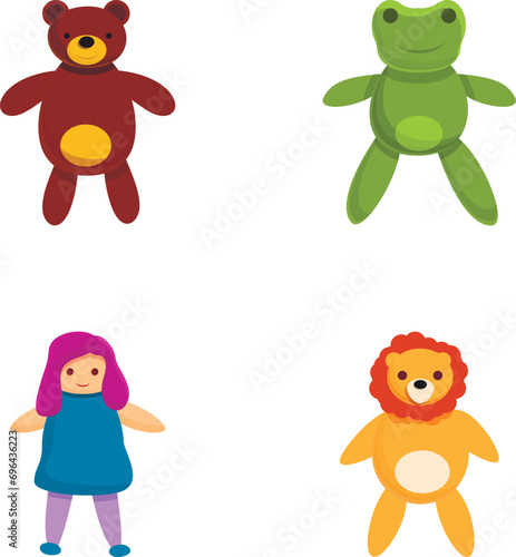 Toy icons set cartoon vector. Plush doll, frog, bear and lion. Baby toy, cartoon character