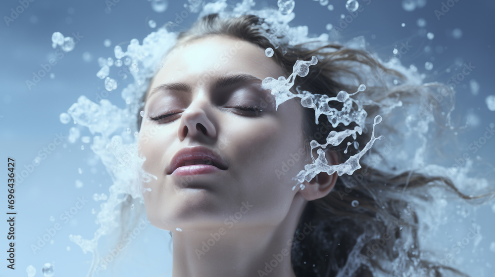 Portrait of beautiful young woman with water splash on her beauty face on blue background. Woman model with closed eyes. Spa treatment, facial skin care, cleansing and moisturizing concept Portrait of beautiful young woman with water splash on her beauty face on blue background. Woman model with closed eyes. Spa treatment, facial skin care, cleansing and moisturizing concept