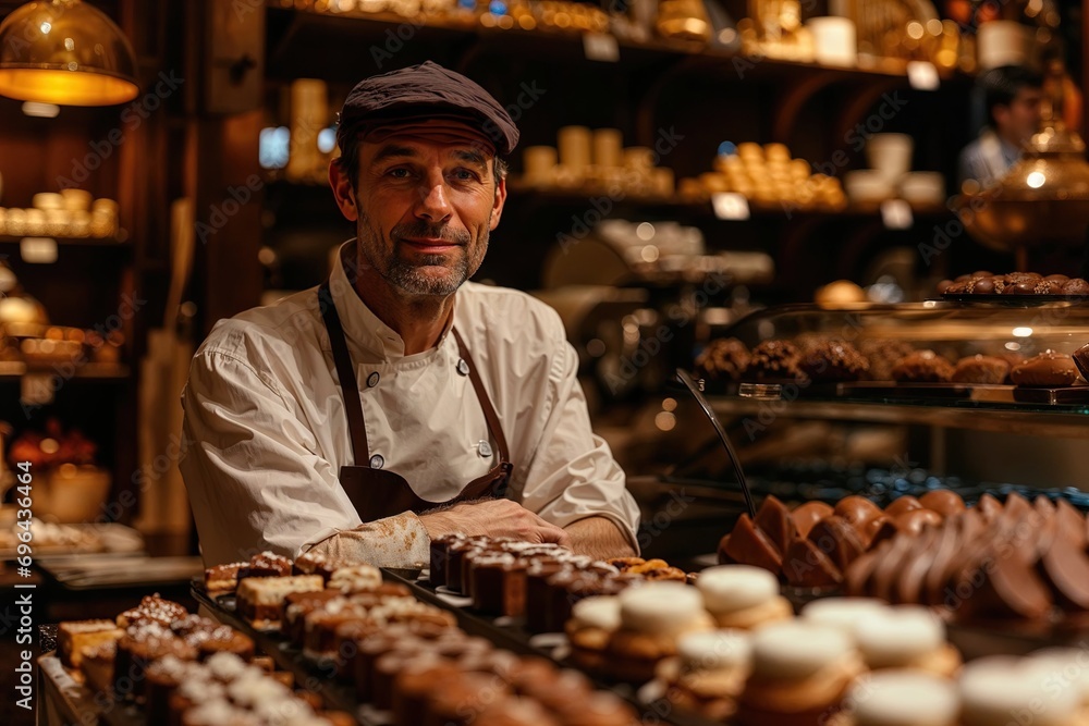 portrait d'un artisan confiseur chocolatier au travail dans sa boutique en train de préparer ses chocolats - obrazy, fototapety, plakaty 
