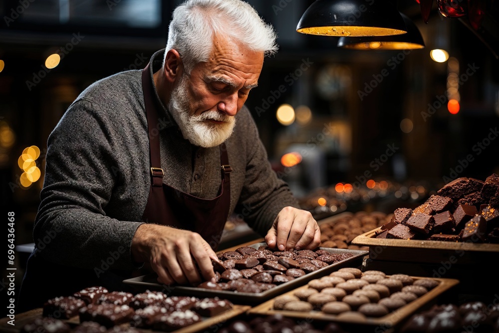 portrait d'un artisan confiseur chocolatier au travail dans sa boutique en train de préparer ses chocolats - obrazy, fototapety, plakaty 
