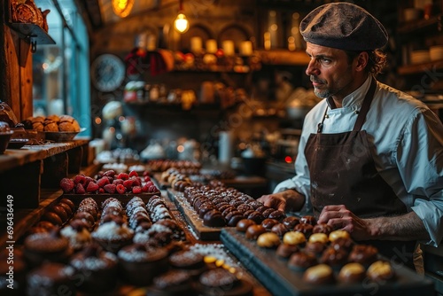 portrait d un artisan confiseur chocolatier au travail dans sa boutique en train de pr  parer ses chocolats