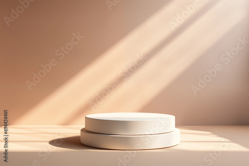 Modern minimalist white display podium bathed in warm sunlight with elegant shadows, perfect for highlighting products