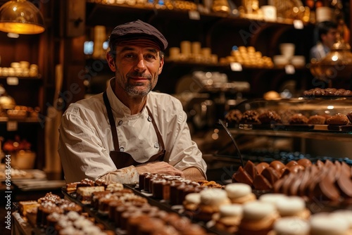 portrait d'un artisan confiseur chocolatier au travail dans sa boutique en train de préparer ses chocolats photo
