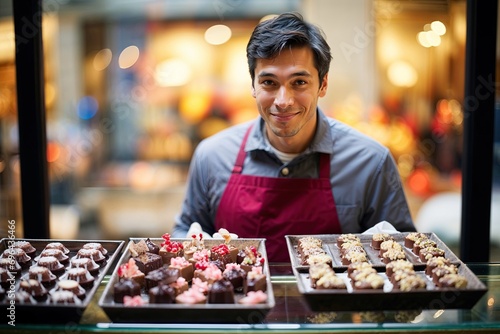 portrait d'un artisan confiseur chocolatier au travail dans sa boutique en train de préparer ses chocolats photo