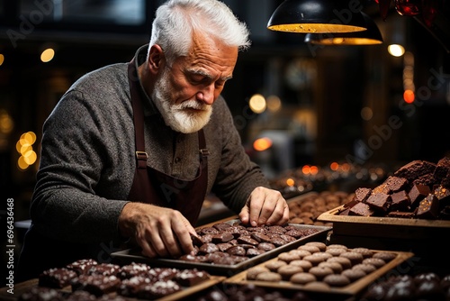 portrait d'un artisan confiseur chocolatier au travail dans sa boutique en train de préparer ses chocolats photo