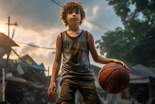 A young boy practices his basketball skills, aiming for the basket. His determination underscores the joy of the sport and the thrill of achievement. photo