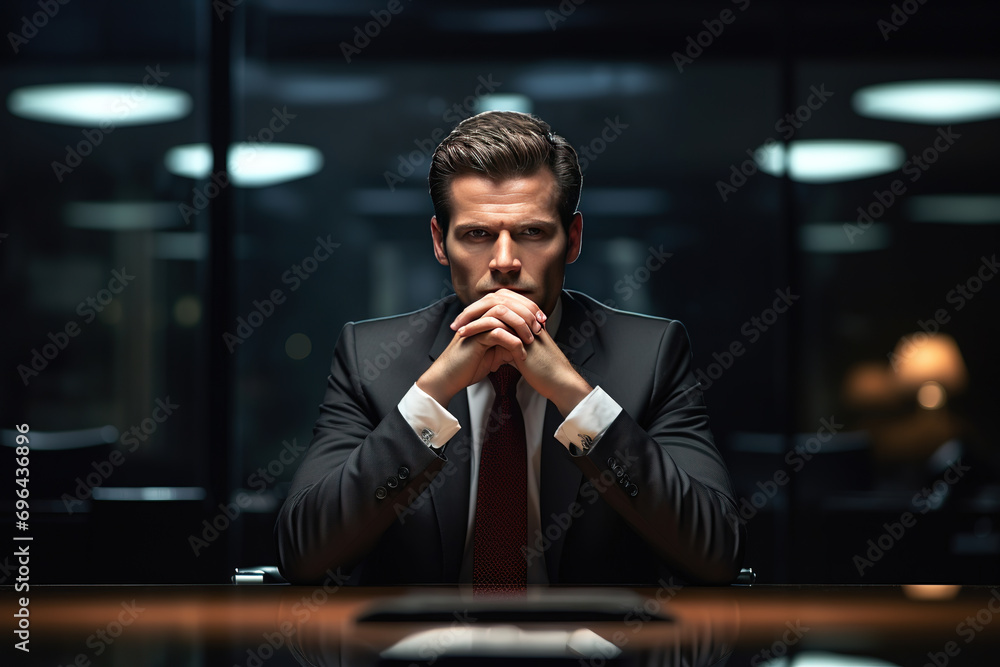 A male executive, alone in a boardroom, ponders a challenging business decision. His pensive expression reflects the power and leadership required in corporate life. A male executive, alone in a boardroom, ponders a challenging business decision. His pensive expression reflects the power and leadership required in corporate life.