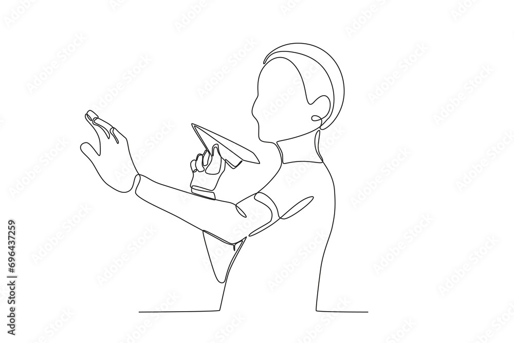A boy prepares to fly his paper plane. Paper plane one-line drawing A boy prepares to fly his paper plane. Paper plane one-line drawing