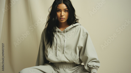 A beautiful young girl in a modern tracksuit of a neutral color poses on a studio light background. Sports fashion