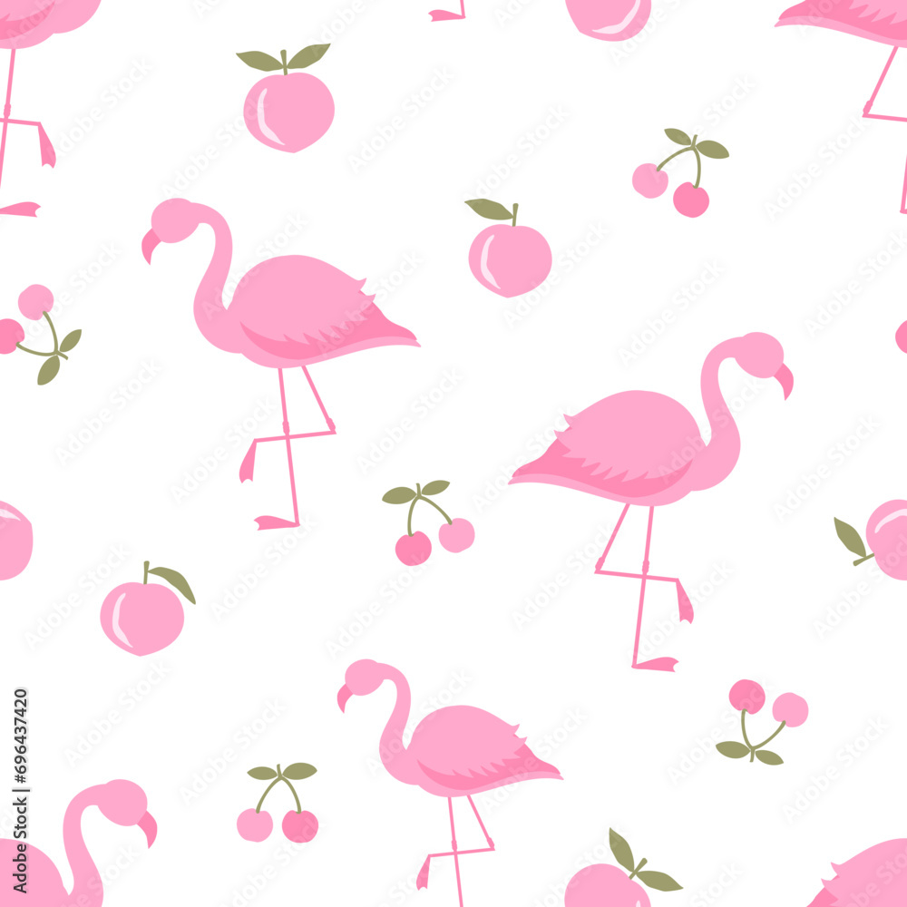 Seamless pattern with flamingo, cherry and pink peach fruit on white background vector.