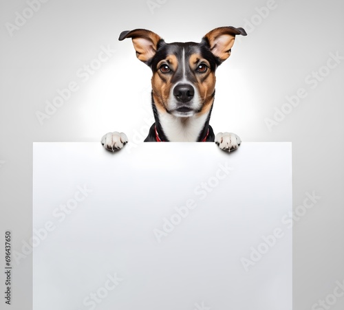cute dog with blank board on grey background, space for text © Alexandr