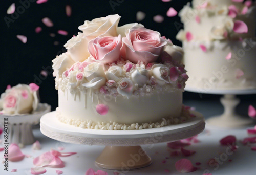 Matrimonio di Gusto- Torta Nuziale Bianca con Rose e Petali su Sfondo Nero