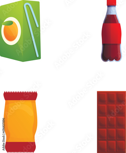 Snack icons set cartoon vector. Chocolate, packet of cookies and drink. Food and beverage
