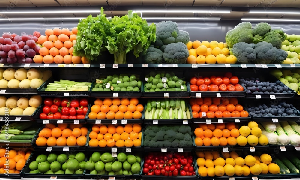 Fresh fruits and vegetables on the shelf in the supermarket