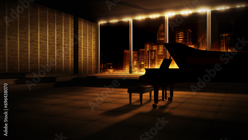 Piano virtual set, studio background with a grand piano. City music stage, with a golden, 3D illustration aesthetic. A backdrop in 4k, ideal for TV shows, events or online broadcasts