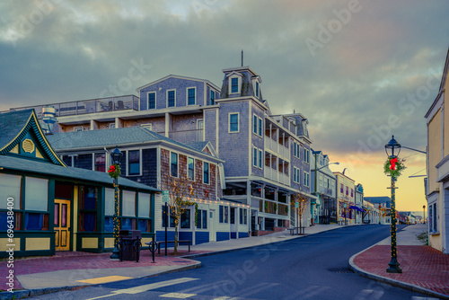 Oak Bluffs Downtown Street on Marthja’s Vineyard Holiday Decorations at sunrise in Massachusetts, United States photo