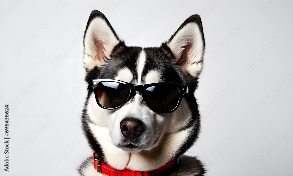 Siberian Husky dog in sunglasses isolated on white background.