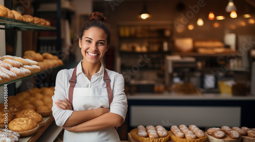    Portrait of the owner of a small business baking croissants and other desserts photo