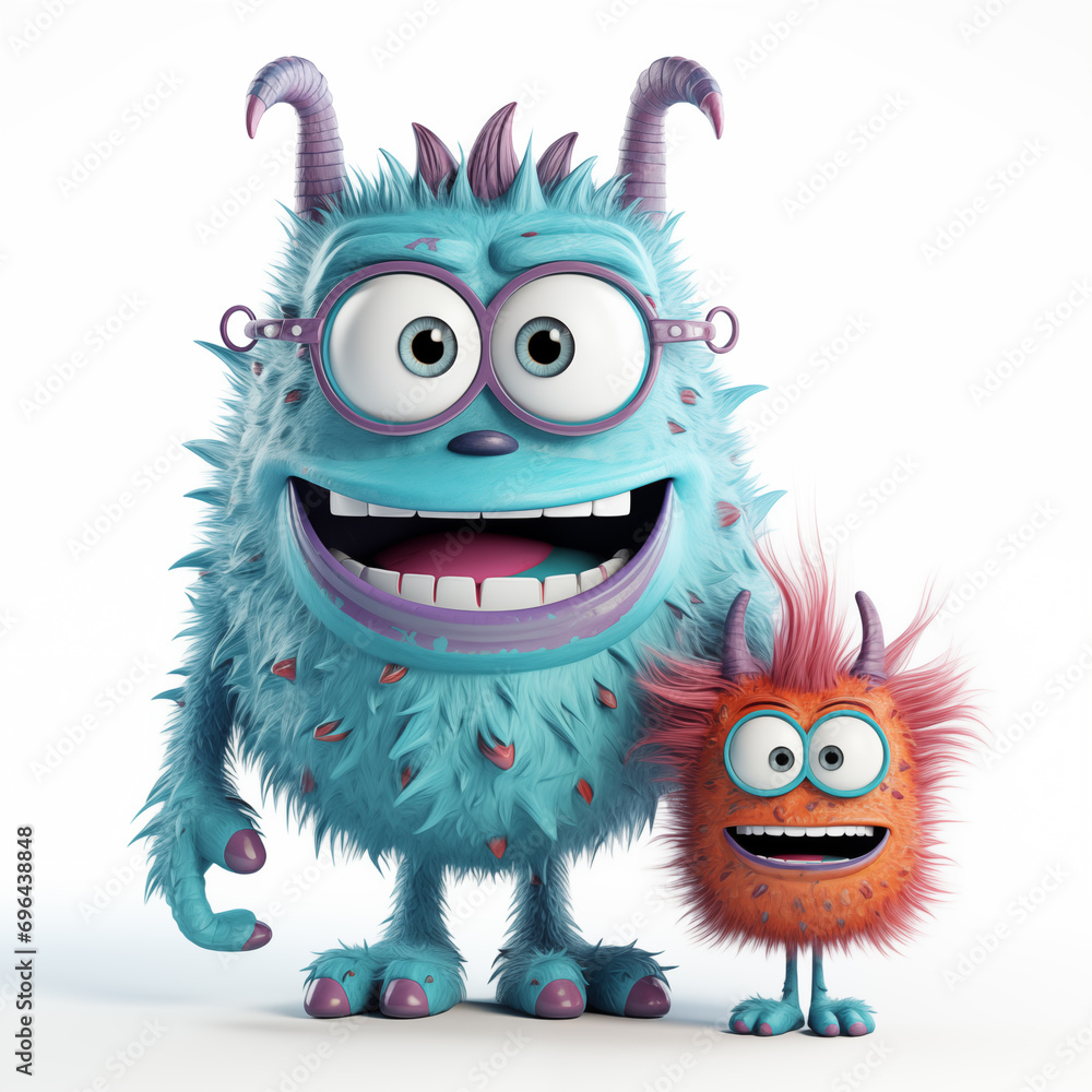 Two happy monsters, father and baby, stand isolated on a white background Two happy monsters, father and baby, stand isolated on a white background