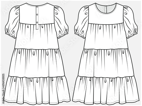 PUFF SLEEVES TIERED DRESS DESIGNED FOR TEEN AND KID GIRLS IN VECTOR ILLUSTRATION FILE