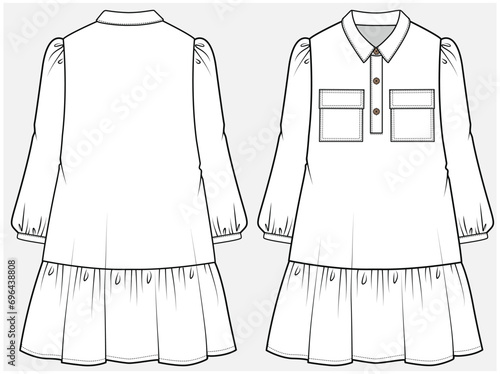 LONG SLEEVES SHIRT DRESS WITH LONGER BODY LENGTH DESIGNED FOR TEEN AND KID GIRLS IN VECTOR ILLUSTRATION FILE