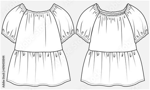 BALLON SLEEVES OFF SHOULDER TOP WITH PEPLUM DETAIL DESIGNED FOR TEEN AND KID GIRLS IN VECTOR ILLUSTRATION FILE