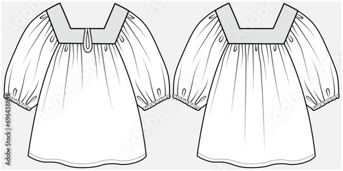 BALOON SLEEVES BOHEMIAN BLOUSE WITH SQUARE NECKLINE DETAIL DESIGNED FOR TEEN AND KID GIRLS IN VECTOR ILLUSTRATION FILE