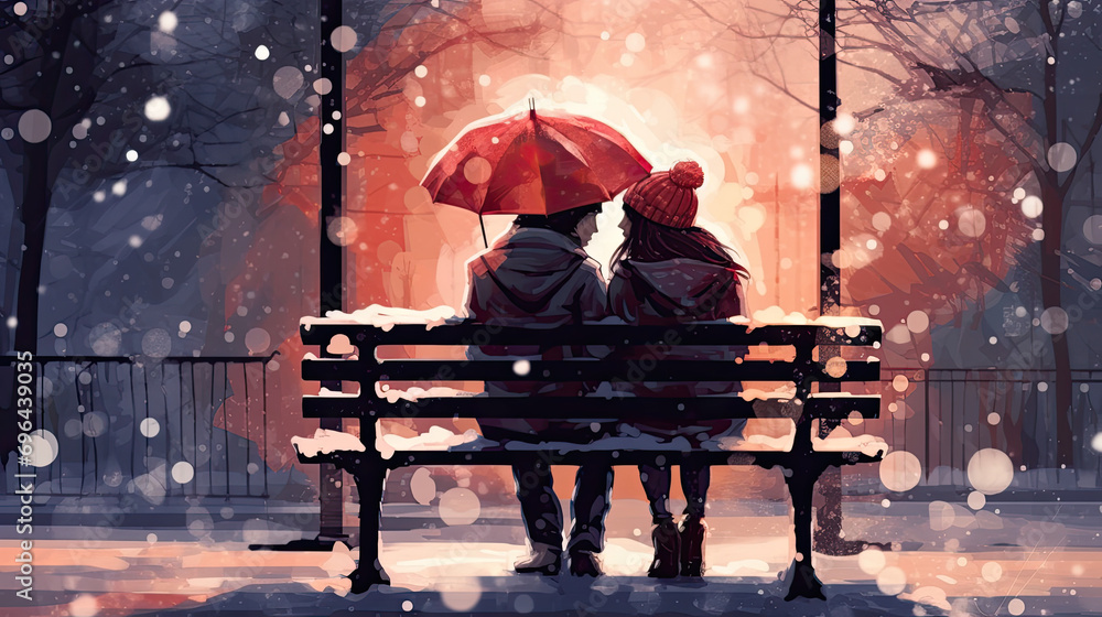 A photo of a couple sitting on a park bench, bundled up in a blanket, while snow falls around them in the shape of hearts - obrazy, fototapety, plakaty 
