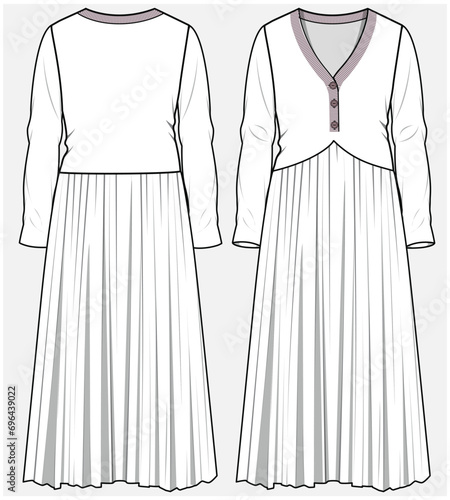 SWEET HEART NECKLINE FRONT BUTTONED KNIT DRESS WITH LONG SLEEVES AND PERMANENT PLEAT SKIRT DESIGNED FOR WOMEN AND YOUNG WOMEN  IN VECTOR ILLUSTRATION FILE