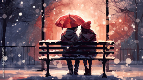 A photo of a couple sitting on a park bench, bundled up in a blanket, while snow falls around them in the shape of hearts photo