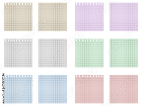 Set of sheets of paper. Paper scraps. Cut paper from a notebook in a cell. Torn pieces of paper. School notebook. Colorful, vintage, classic	