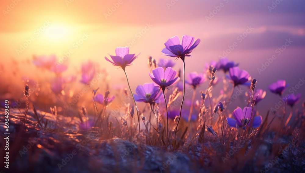 A group of purple flowers in a meadow field with the sunlight at sunset. Mothers day concept. - obrazy, fototapety, plakaty 