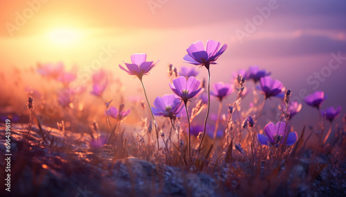 A group of purple flowers in a meadow field with the sunlight at sunset. Mothers day concept. photo
