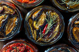 Sun-dried red tomatoes and plums with garlic, green rosemary, red chili pepper, olive oil and spices in a glass jars on a wooden table. Rustic style, top view, closeup