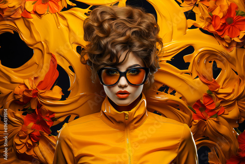 Photograph of a powerful young lady wearing yellow jacket on yellow background.