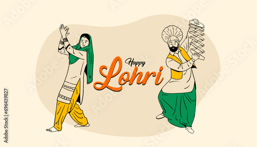 Happy Lohri lettering with Indian Punjabi couple dancing and Indian festival background vector for banner design, social media post