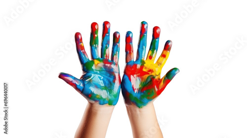 Child artist shows the paint on your hands after drawing. Isolated on a clear background.