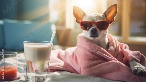chihuahua dog relaxing and lying, in spa wellness center ,wearing a bathrobe and funny sunglasses , martini cocktail included