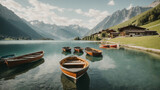 Boats on a lake in the Alps, Italy. generative AI