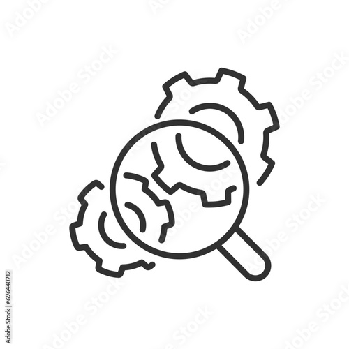 Analysis of the mechanism, linear icon. A magnifying glass and gears. Line with editable stroke