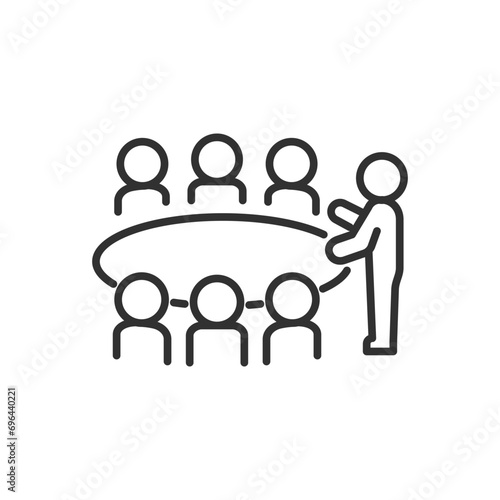 A business meeting, linear icon. A group of people sitting around a table in a meeting. Negotiating table. People are sitting around a table and a person tells. Line with editable stroke