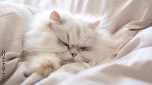 chinchilla persian cat sleep on white bed,sick cat