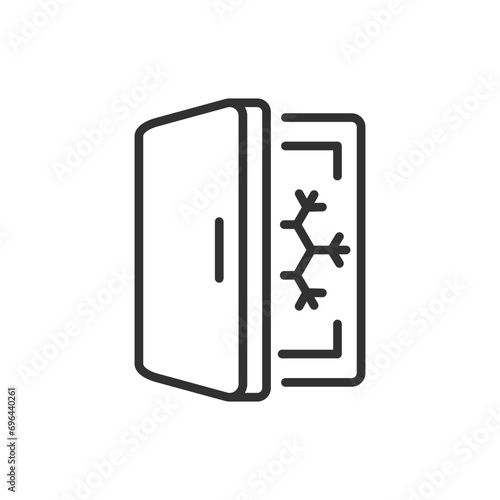 Refrigerator, linear icon. Open refrigerator and snowflake. Line with editable stroke