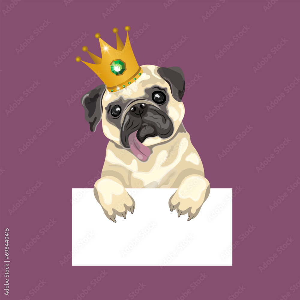 Pug in a crown with a sheet of white paper in its paws