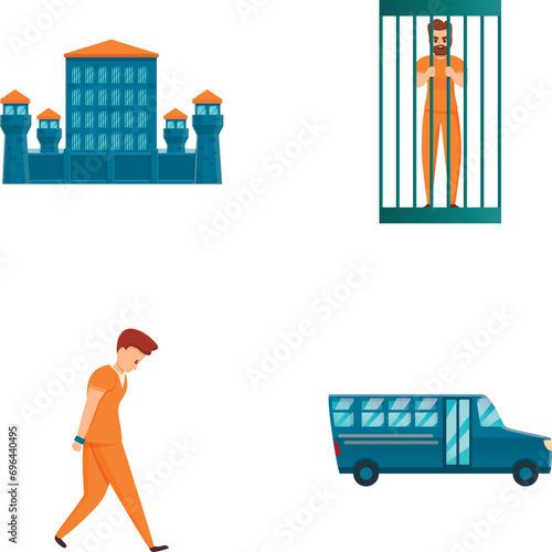 Criminal icons set cartoon vector. Convict near prison building and paddy wagon. Crime, breaking law