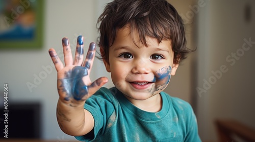 Fototapeta Naklejka Na Ścianę i Meble -  Artist, 2-year-old boy, shows off paint stains on his hand after drawing.