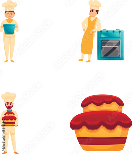 Pastry chef icons set cartoon vector. Professional confectioner making cake. Confection, sweet food