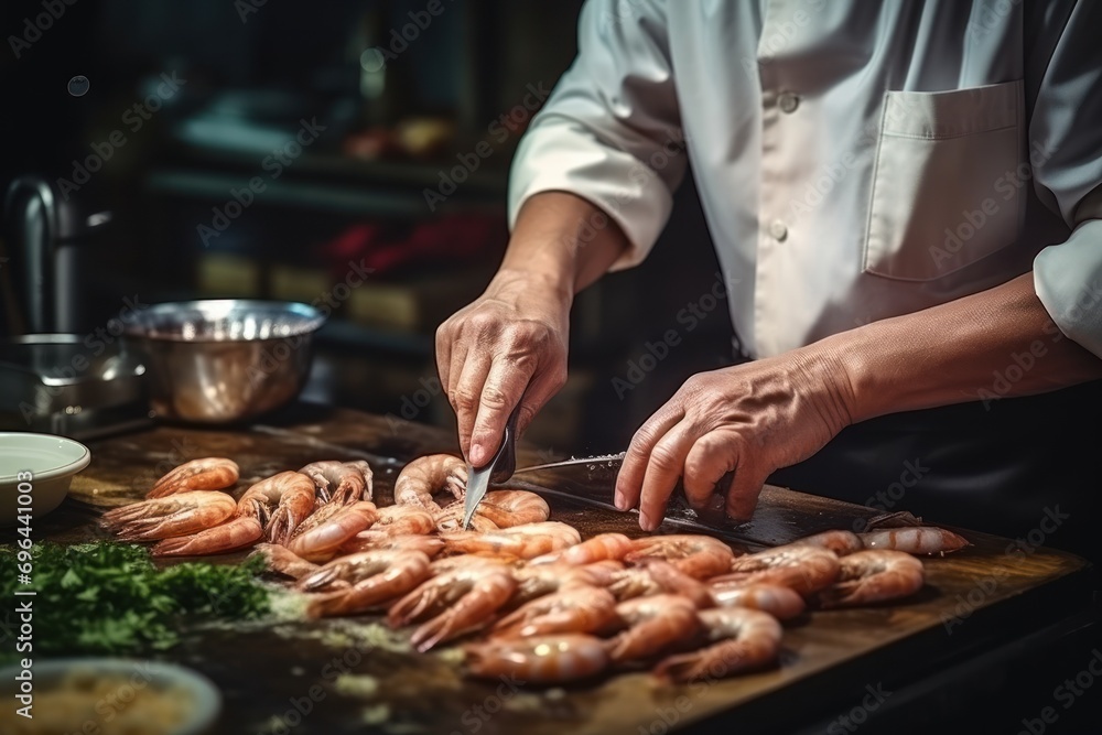Professional cook prepares shrimp, cooks seafood, healthy food.