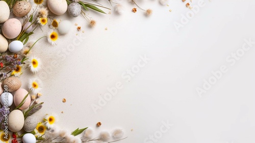 Spring Easter holiday top view flat lay background with eggs and flowers. Greeting card background with copy space. Poster, banner, card. Happy easter. photo